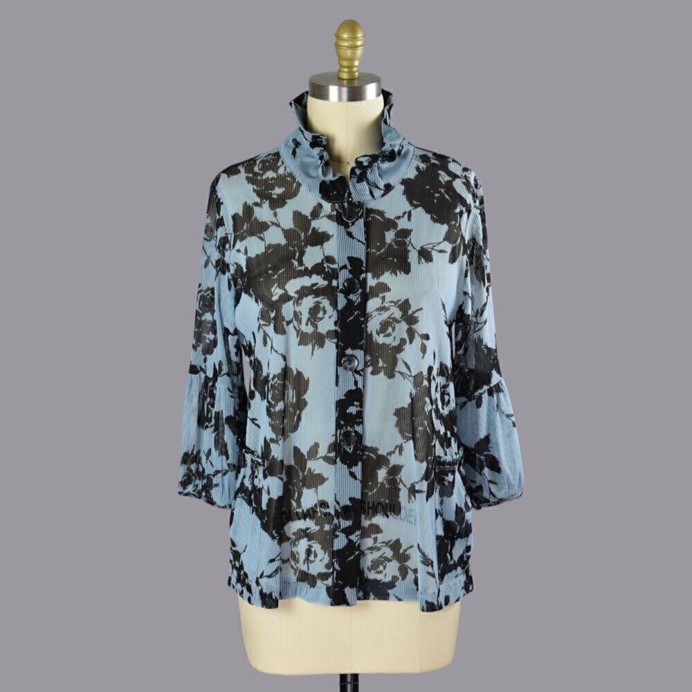TERRA SJ APPAREL FLORAL WIRE STAND UP RUFFLE COLLAR BLOUSE